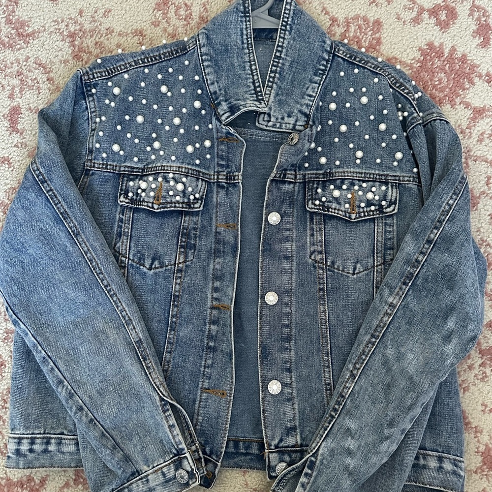 Custom Studded pearl Denim “Just Married” Jacket